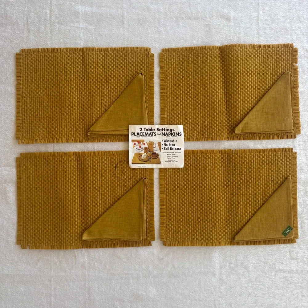 8pc‎ Vintage Japanese MCM Woven Placemats Napkins Set 4 Mustard Gold
